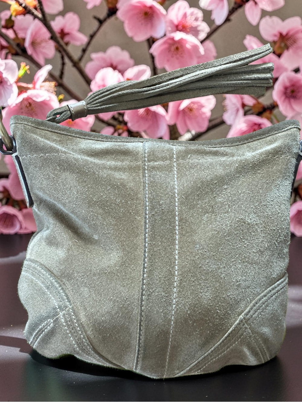 Vintage Coach Suede Crossbody Bag Tan Color With Tassel - Adjustable Strap !